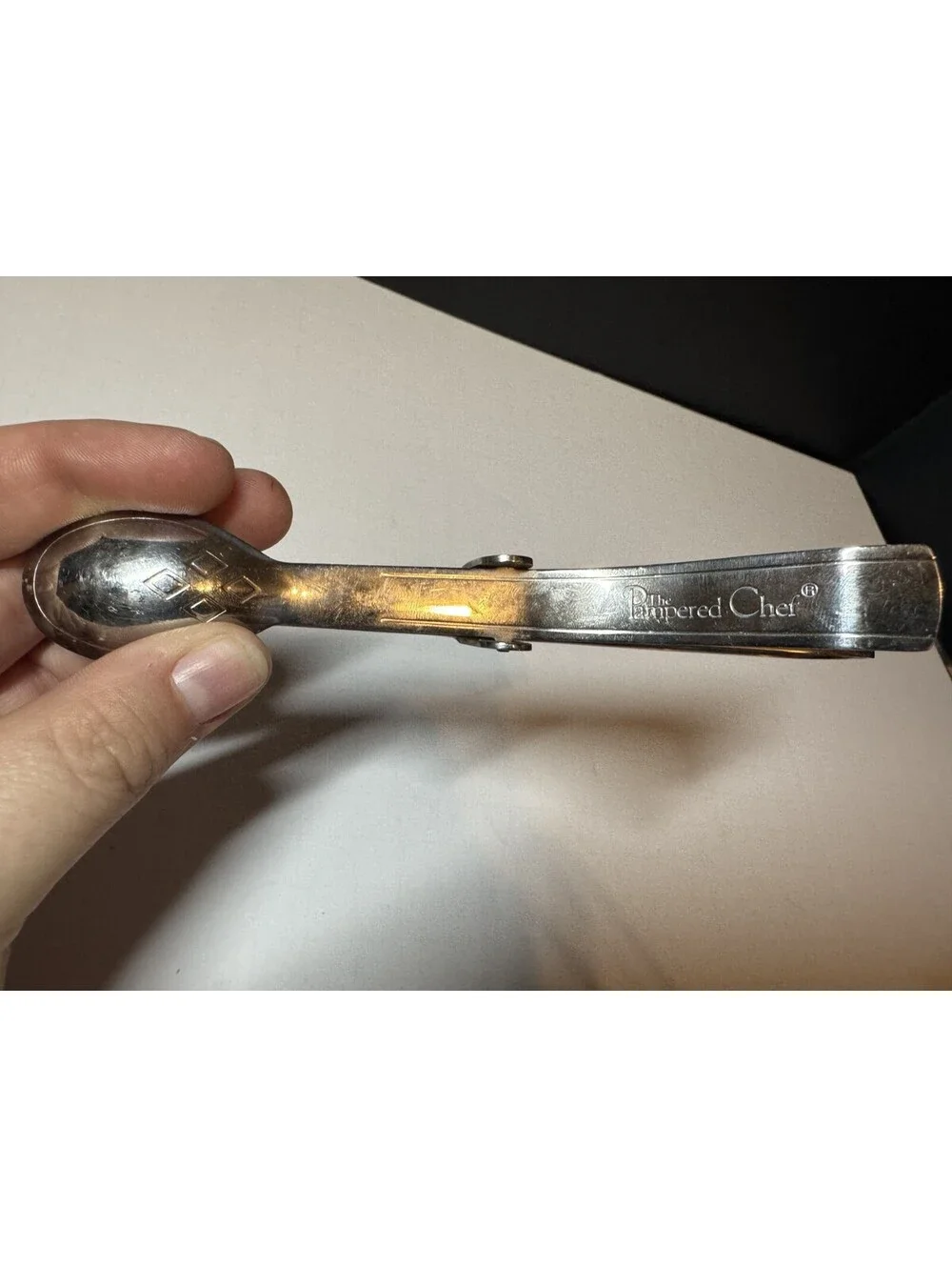 Pampered Chef Stainless Steel Double Spoon Serving Tongs Etched Retired 6.25